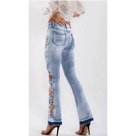 Light Wash Floral Embroidered Patch High Waisted Flare Bell Bottom Denim Jeans - Picture 3 of 8